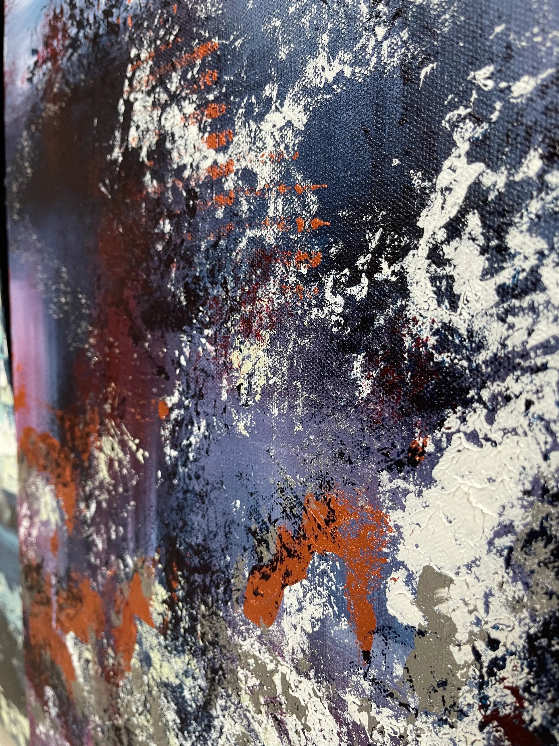 Details Shot of blue, plurple, copper, white and silver abstract painting
