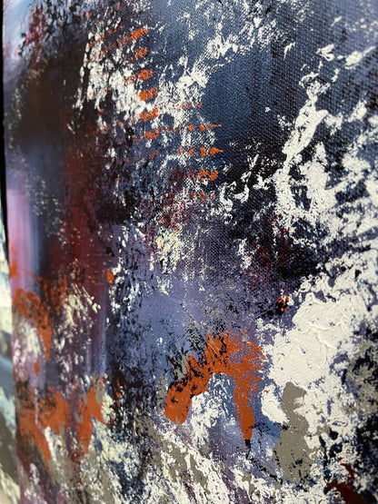 Details Shot of blue, plurple, copper, white and silver abstract painting